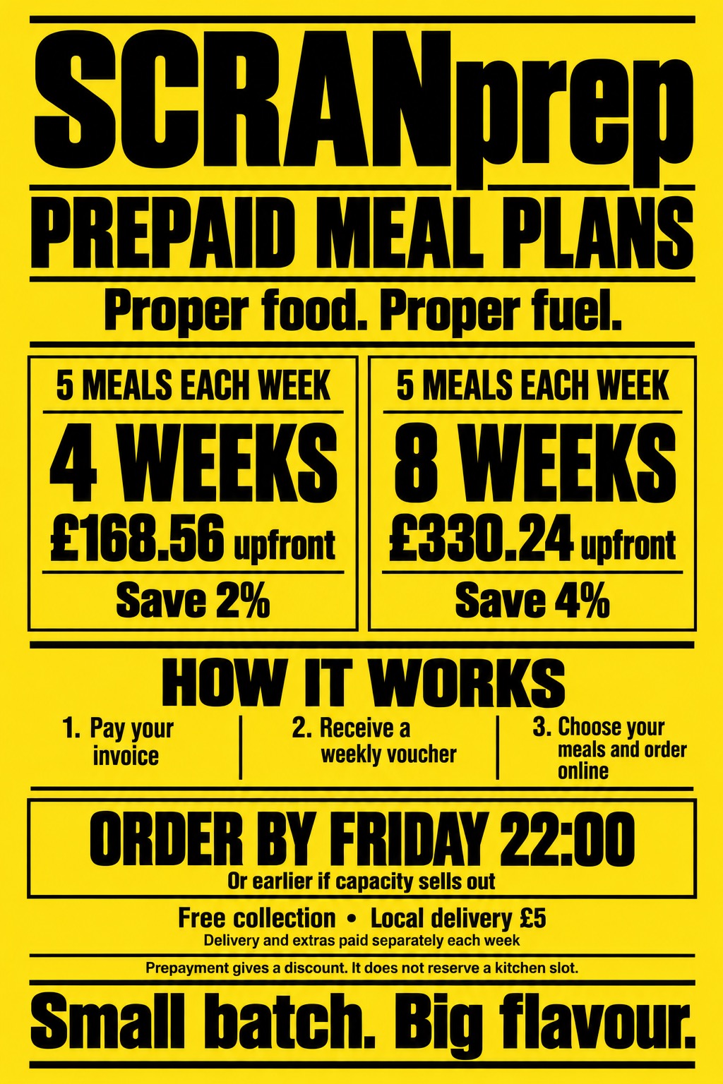 SCRANprep prepaid meal plans: four weeks at £168.56 or eight weeks at £330.24